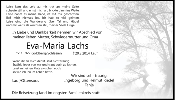 Traueranzeige von Eva-Maria Lachs von Pegnitz-Zeitung